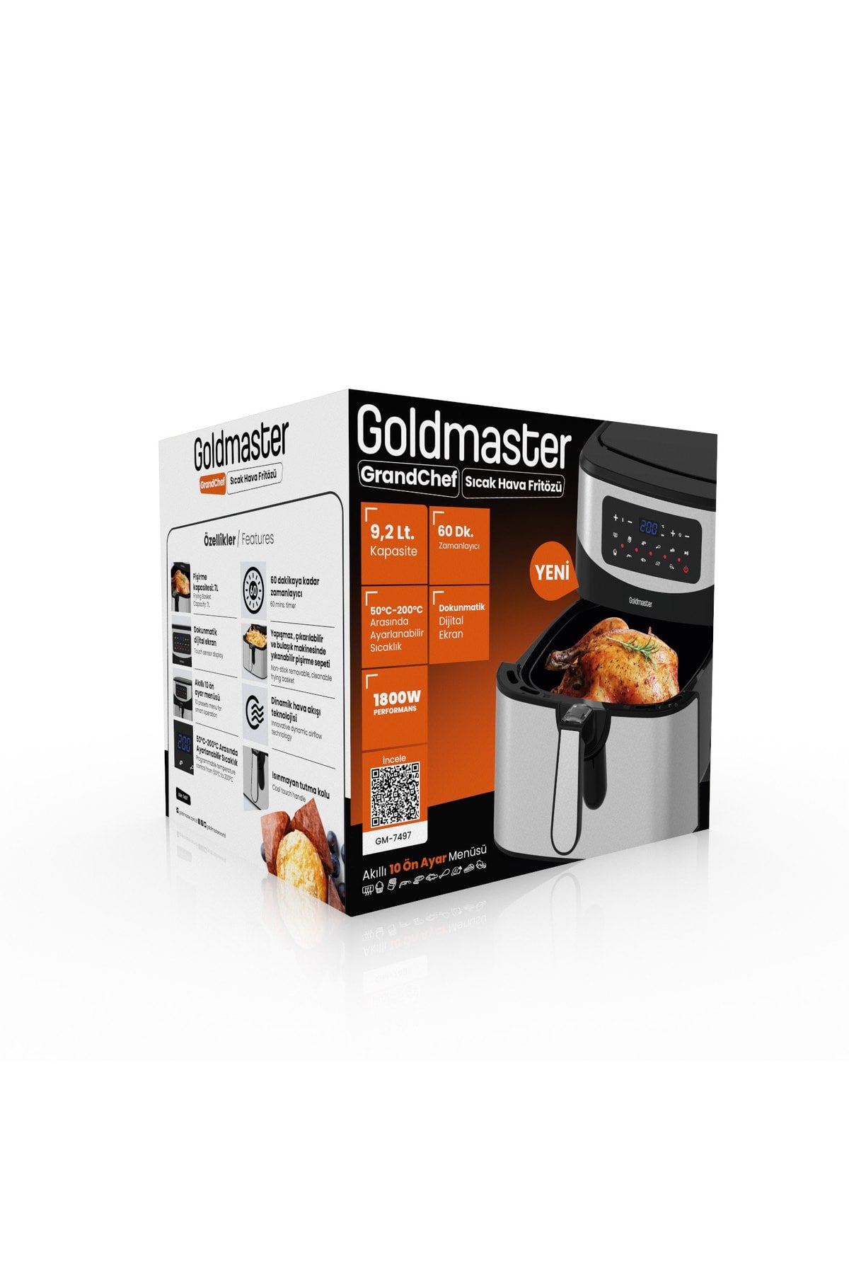 Grandchef 9.2 Litre Inox Geniş Hazneli 3xl Dokunmatik 10 Ön Ayarlı Airfryer Sıcak Hava Fritözü